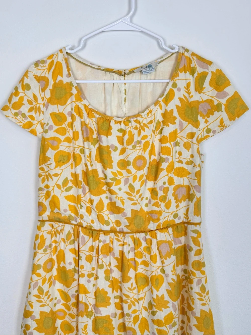 Boden Yellow Floral Print Linen Dress Lace Trim Hem Short Sleeve Fit & Flare 12R